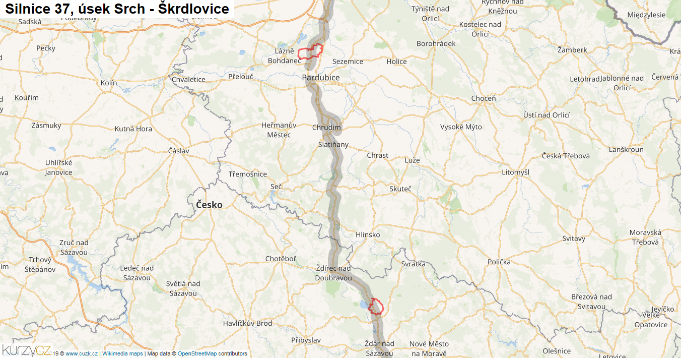 Úsek Srch - Škrdlovice, Silnice 37 - Mapa