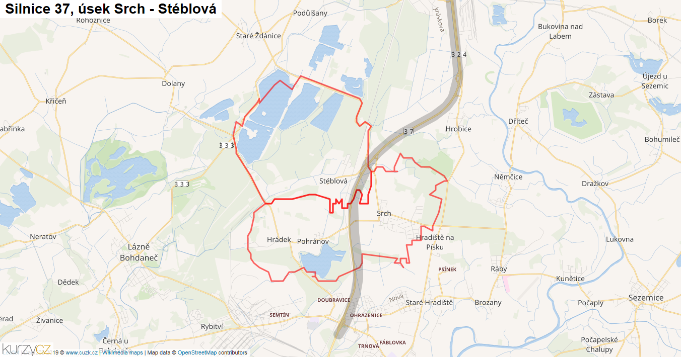 Úsek Srch - Stéblová, Silnice 37 - Mapa