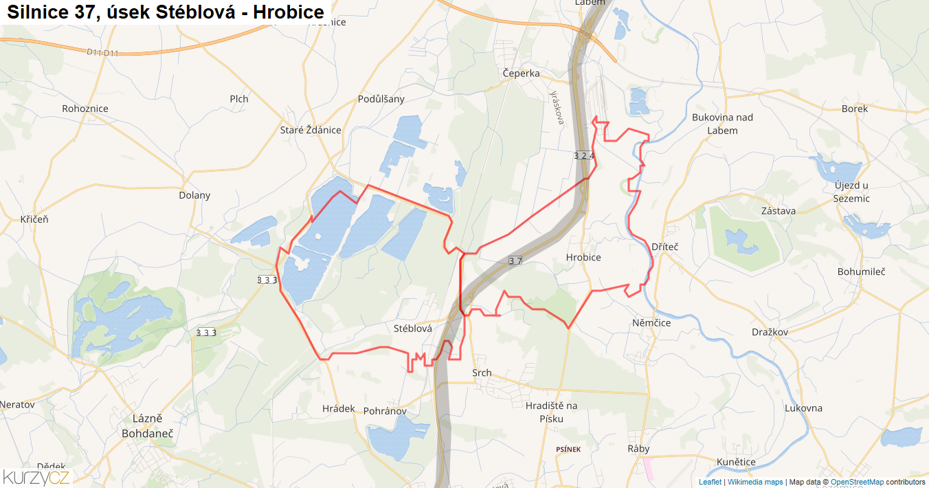 Úsek Stéblová - Hrobice, Silnice 37 - Mapa