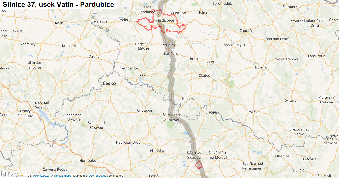 Úsek Vatín - Pardubice, Silnice 37 - Mapa