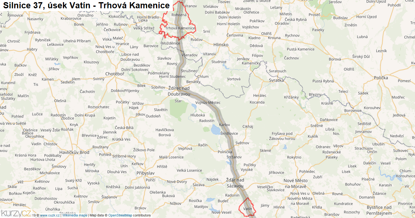 Úsek Vatín - Trhová Kamenice, Silnice 37 - Mapa