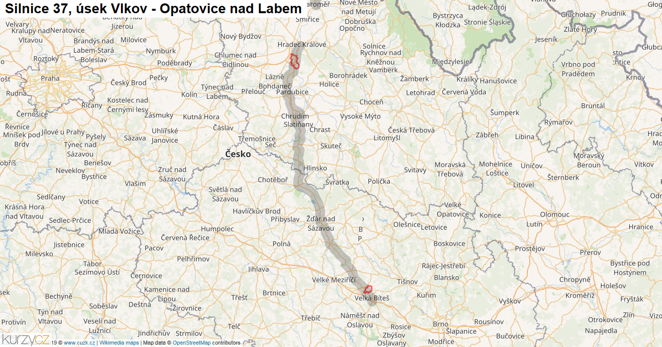 Úsek Vlkov - Opatovice nad Labem, Silnice 37 - Mapa
