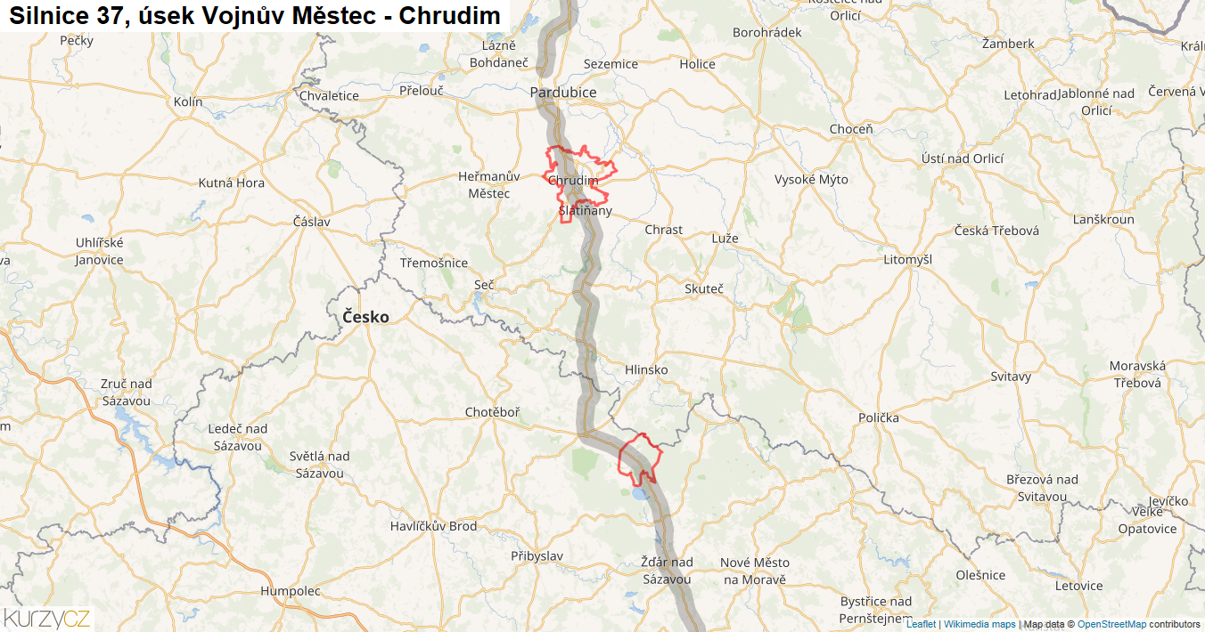 Úsek Vojnův Městec - Chrudim, Silnice 37 - Mapa