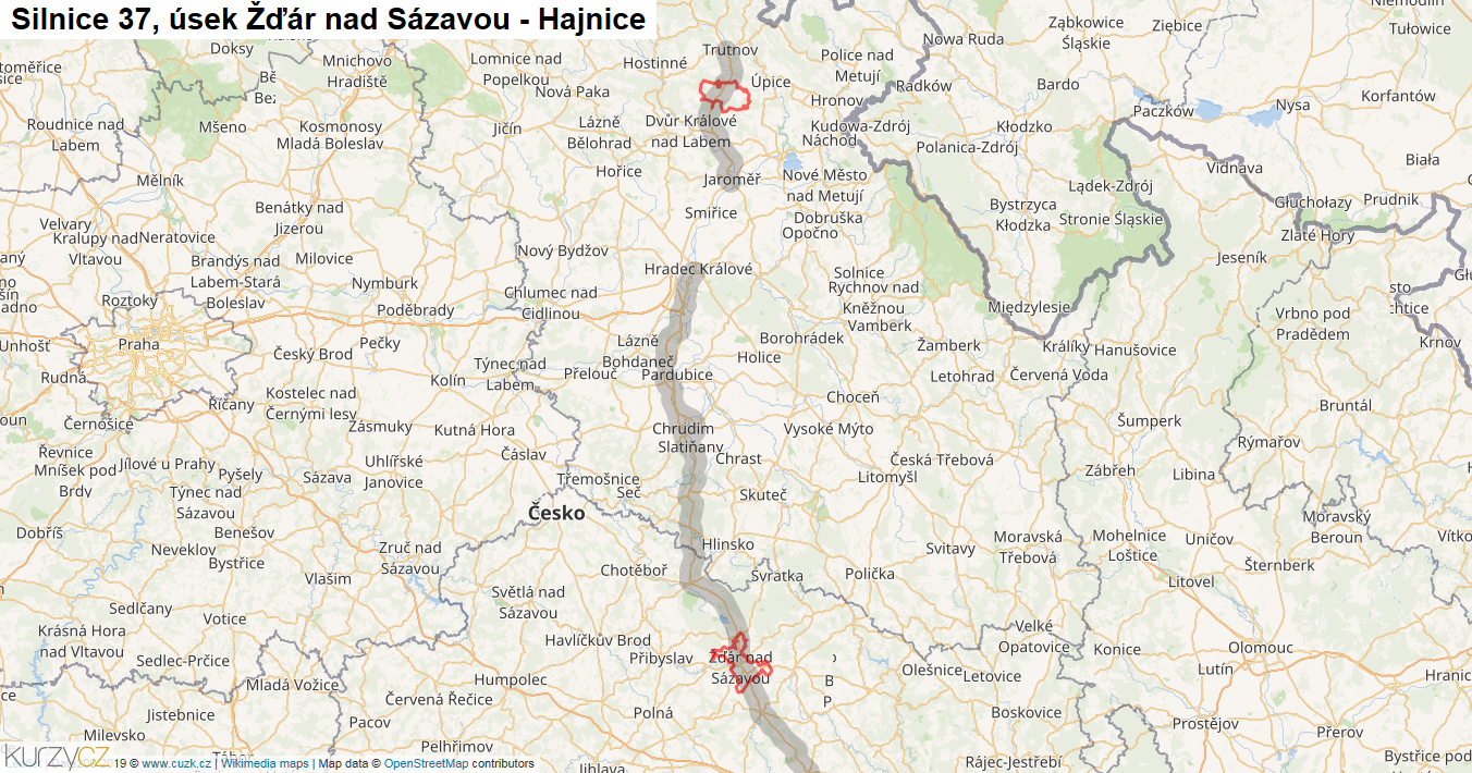 Úsek Žďár nad Sázavou - Hajnice, Silnice 37 - Mapa