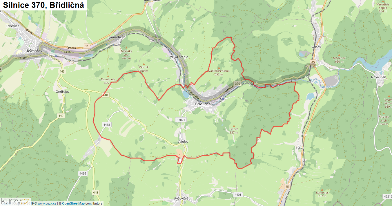 Břidličná, Silnice 370 - Mapa