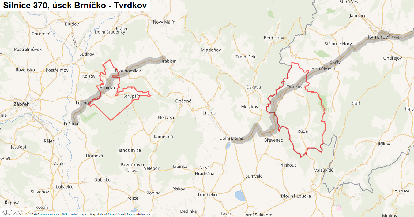 Úsek Brníčko - Tvrdkov, Silnice 370 - Mapa
