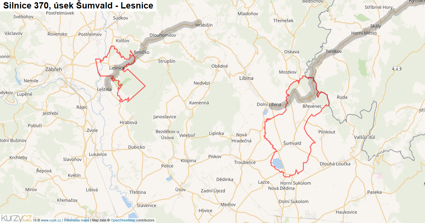 Úsek Šumvald - Lesnice, Silnice 370 - Mapa