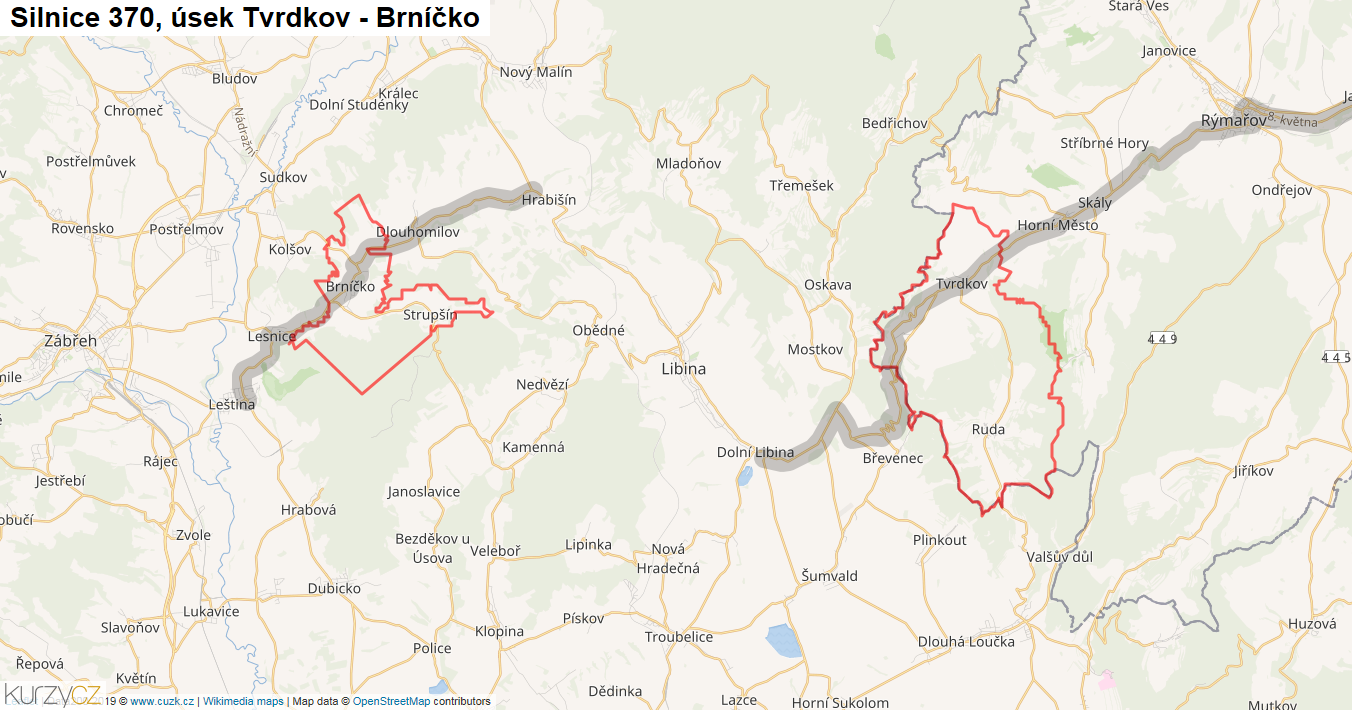 Úsek Tvrdkov - Brníčko, Silnice 370 - Mapa