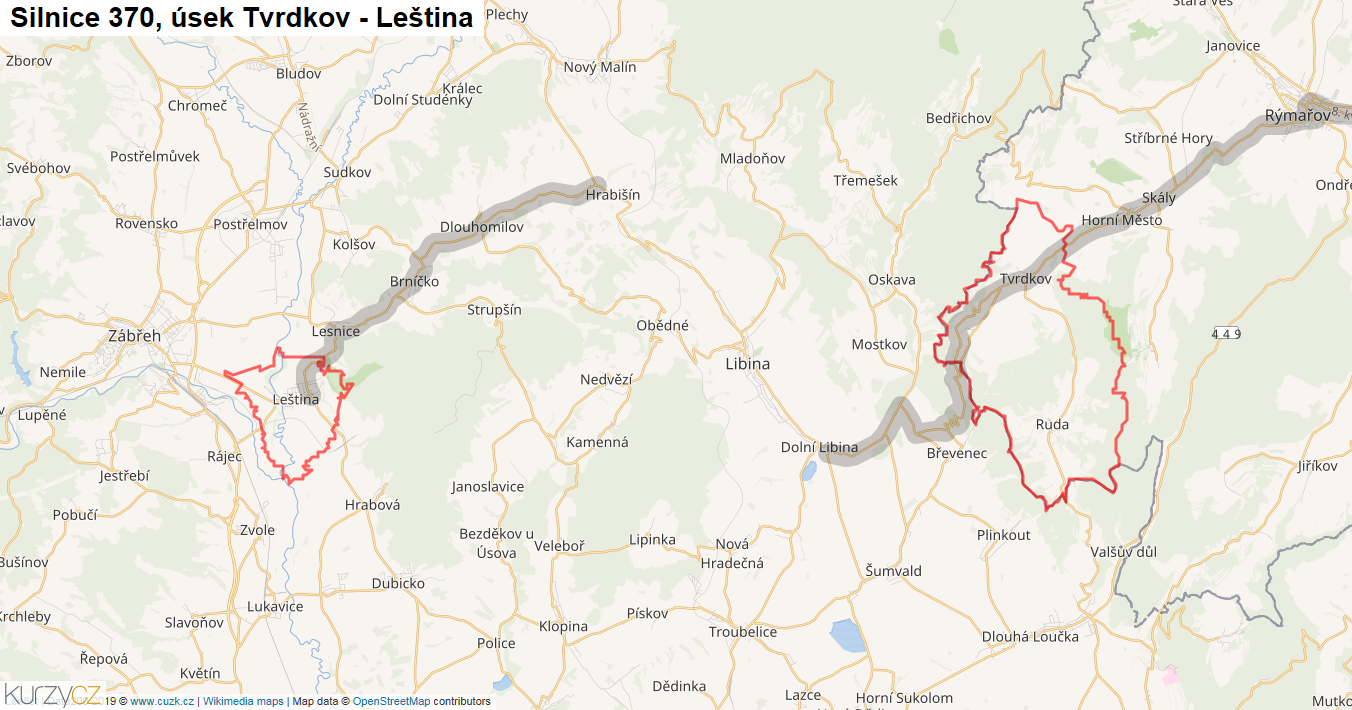 Úsek Tvrdkov - Leština, Silnice 370 - Mapa