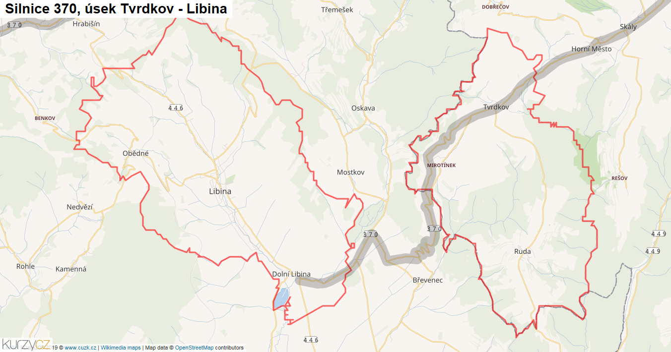 Úsek Tvrdkov - Libina, Silnice 370 - Mapa