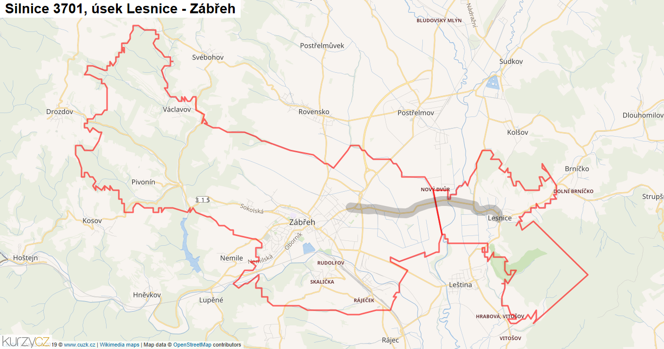 Úsek Lesnice - Zábřeh, Silnice 3701 - Mapa