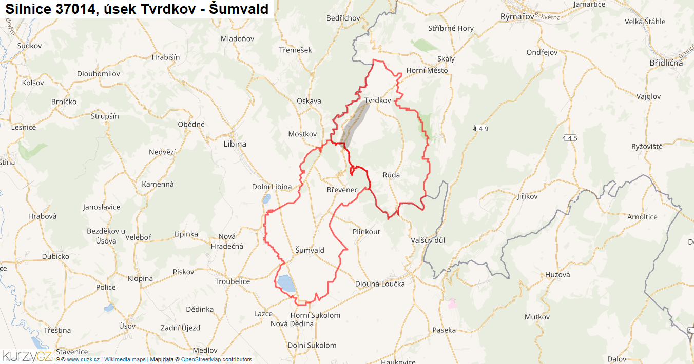 Úsek Tvrdkov - Šumvald, Silnice 37014 - Mapa