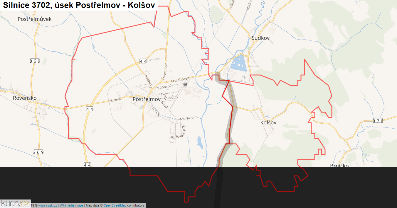 Úsek Postřelmov - Kolšov, Silnice 3702 - Mapa