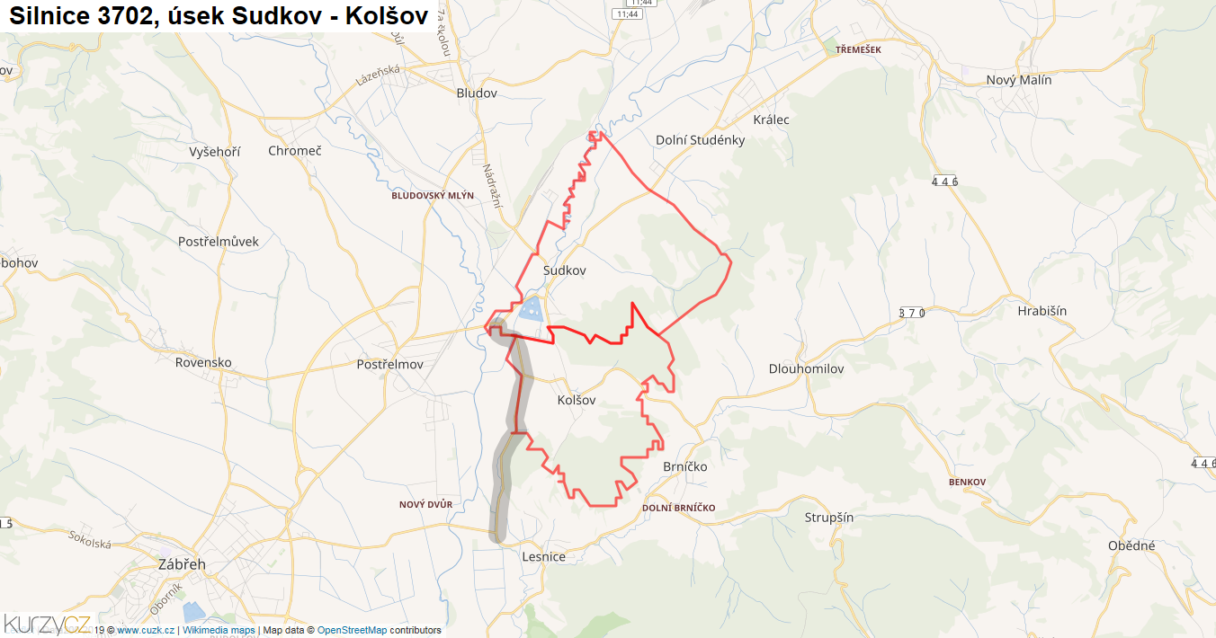 Úsek Sudkov - Kolšov, Silnice 3702 - Mapa