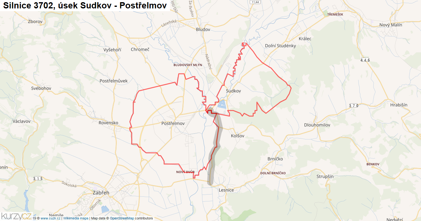 Úsek Sudkov - Postřelmov, Silnice 3702 - Mapa