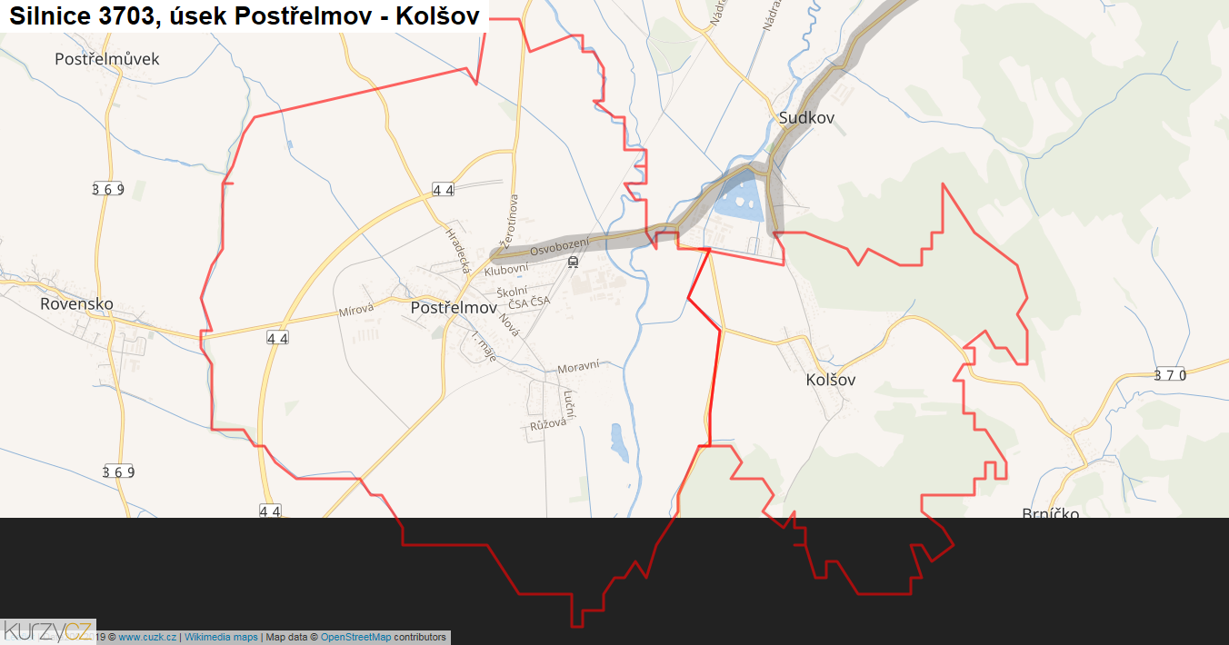 Úsek Postřelmov - Kolšov, Silnice 3703 - Mapa