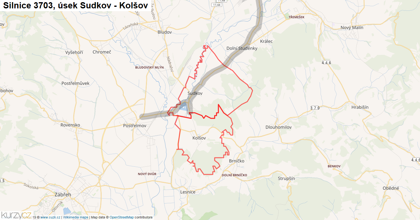 Úsek Sudkov - Kolšov, Silnice 3703 - Mapa