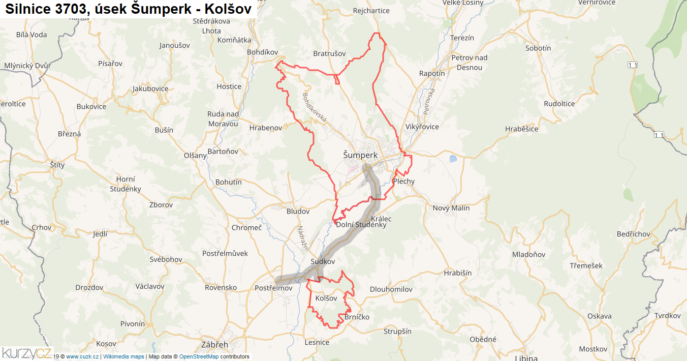 Úsek Šumperk - Kolšov, Silnice 3703 - Mapa