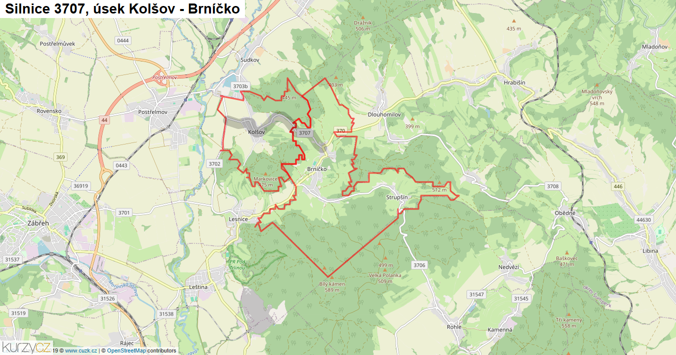 Úsek Kolšov - Brníčko, Silnice 3707 - Mapa