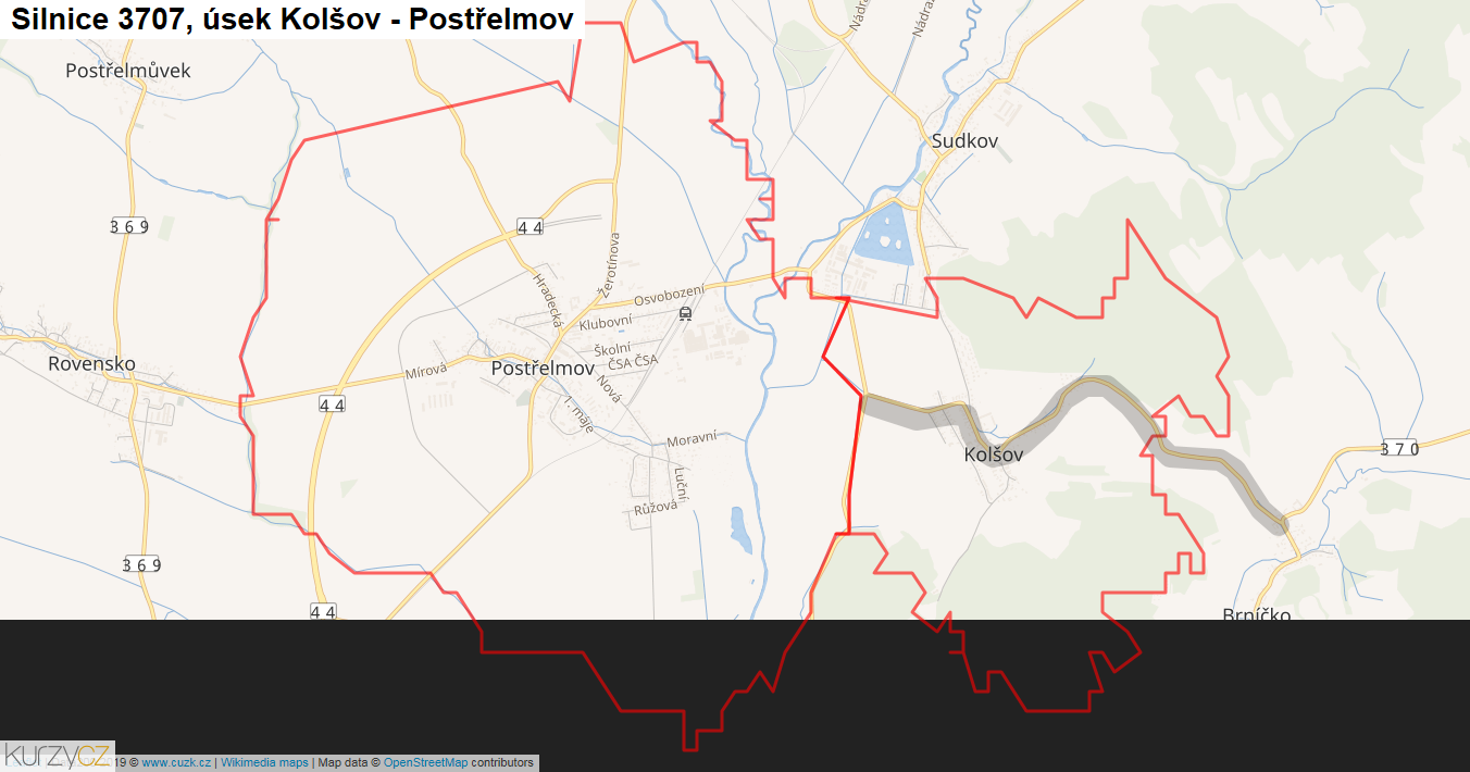 Úsek Kolšov - Postřelmov, Silnice 3707 - Mapa