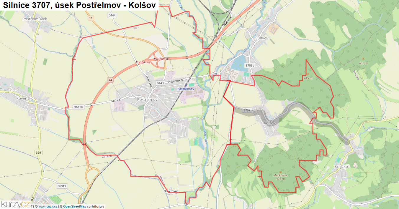 Úsek Postřelmov - Kolšov, Silnice 3707 - Mapa