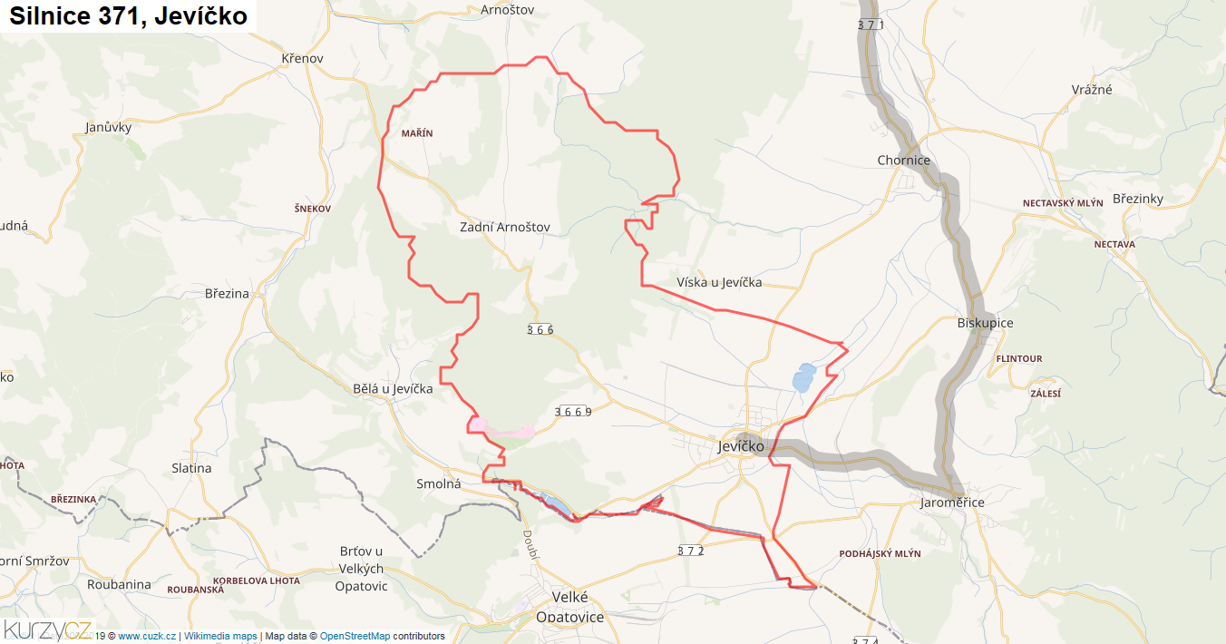 Jevíčko, Silnice 371 - Mapa