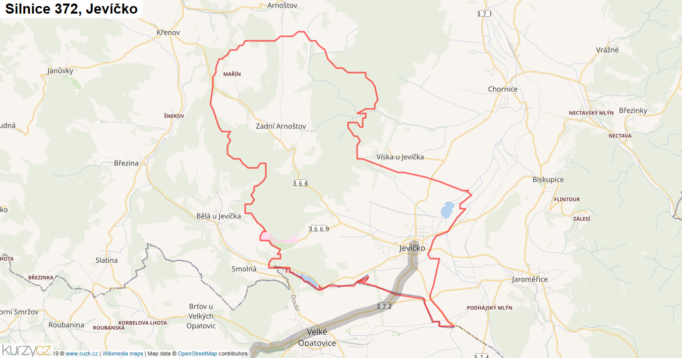 Jevíčko, Silnice 372 - Mapa