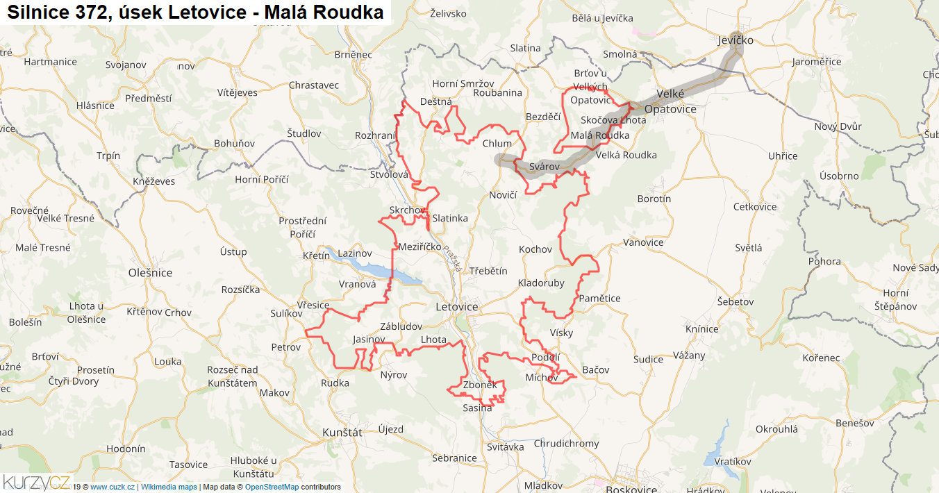 Úsek Letovice - Malá Roudka, Silnice 372 - Mapa