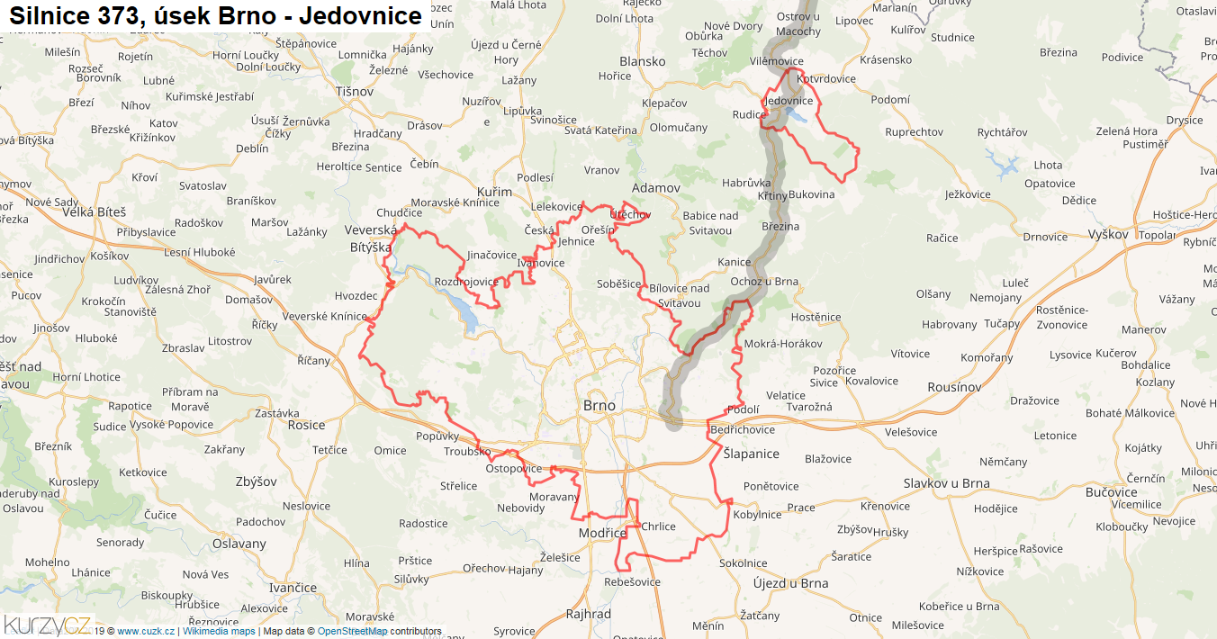 Úsek Brno - Jedovnice, Silnice 373 - Mapa