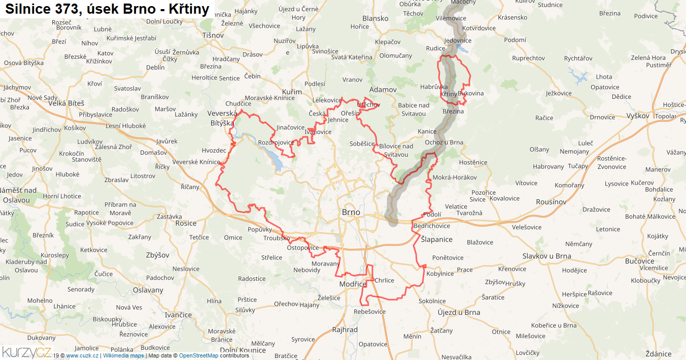 Úsek Brno - Křtiny, Silnice 373 - Mapa