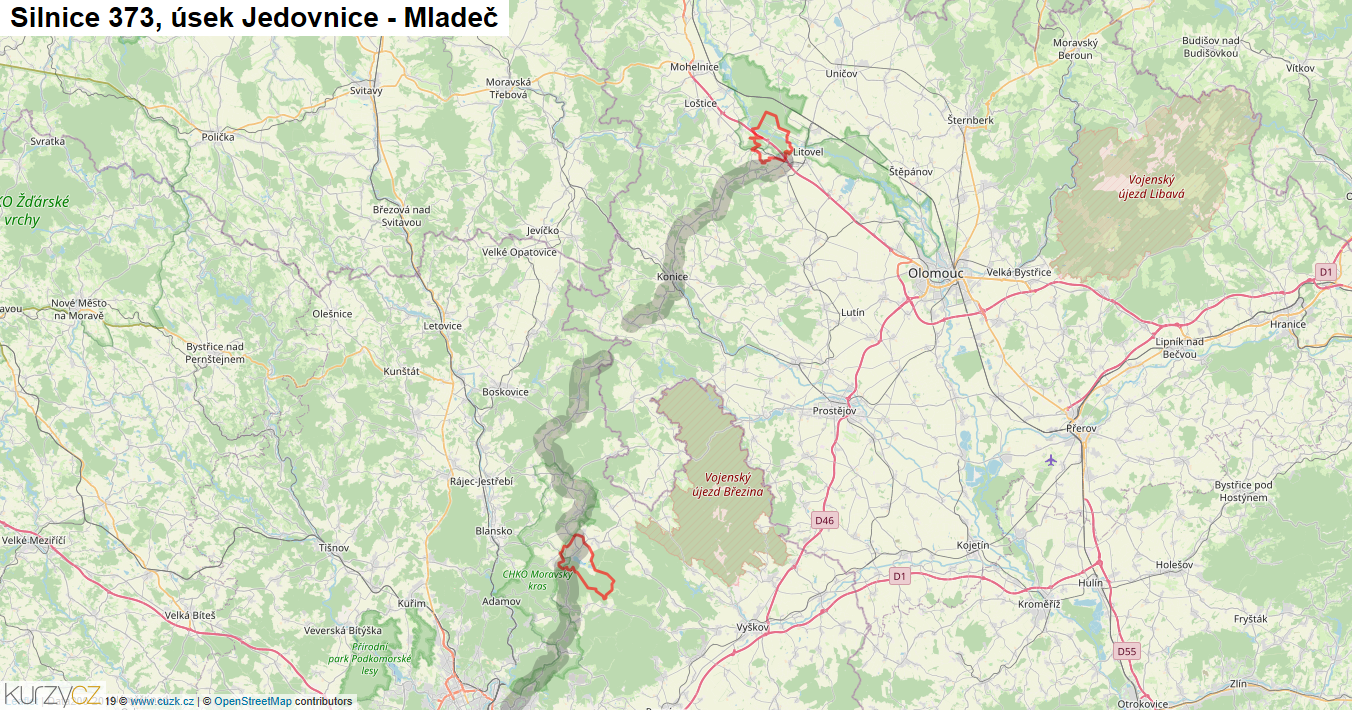 Úsek Jedovnice - Mladeč, Silnice 373 - Mapa