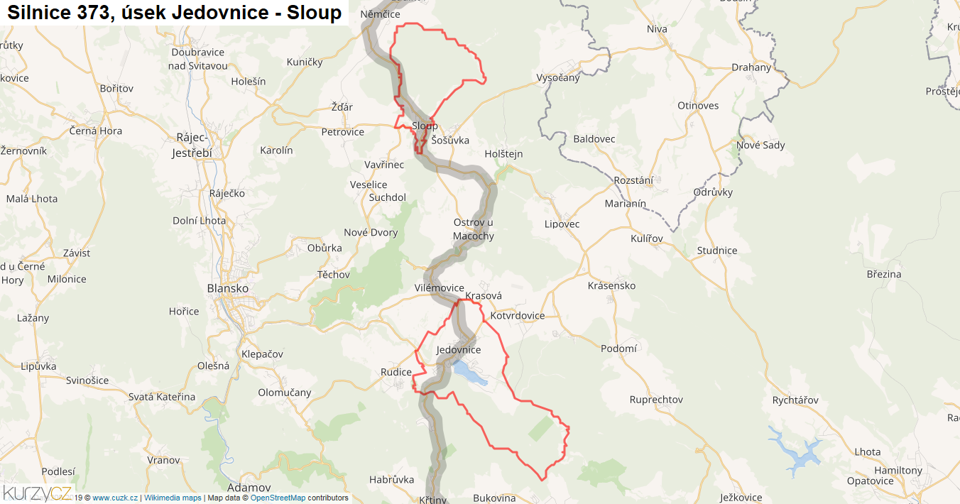 Úsek Jedovnice - Sloup, Silnice 373 - Mapa