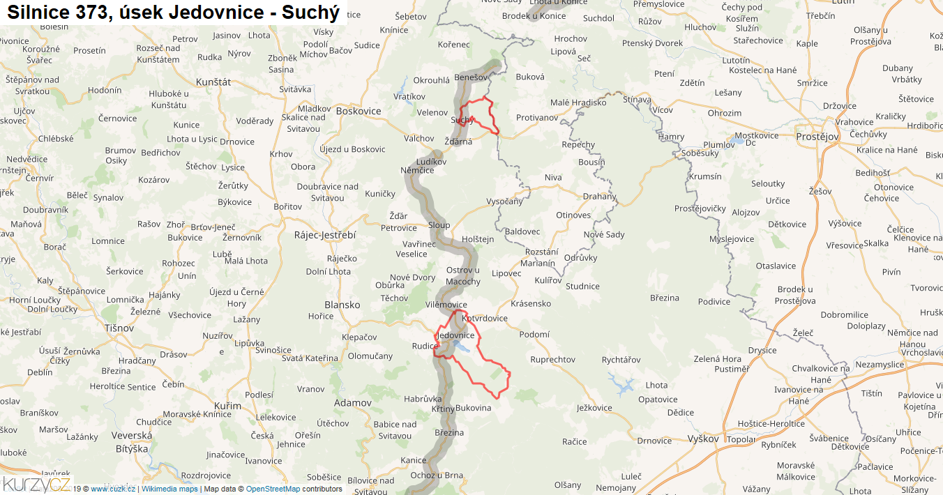 Úsek Jedovnice - Suchý, Silnice 373 - Mapa