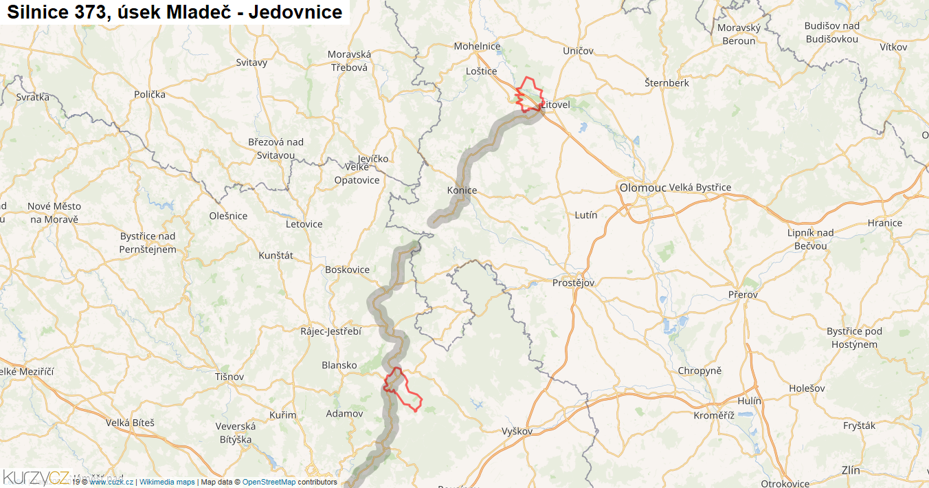 Úsek Mladeč - Jedovnice, Silnice 373 - Mapa