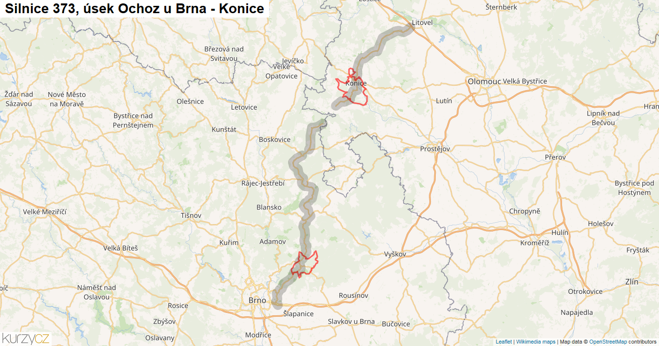 Úsek Ochoz u Brna - Konice, Silnice 373 - Mapa