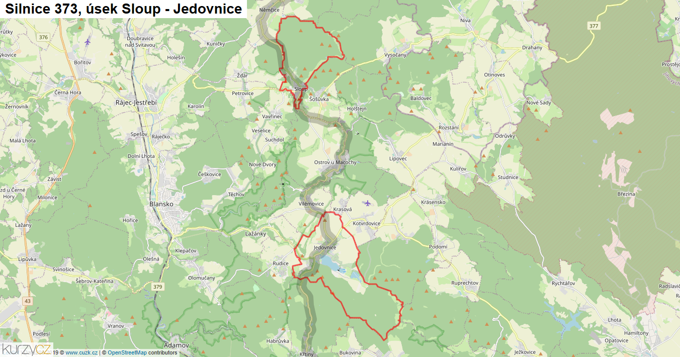 Úsek Sloup - Jedovnice, Silnice 373 - Mapa