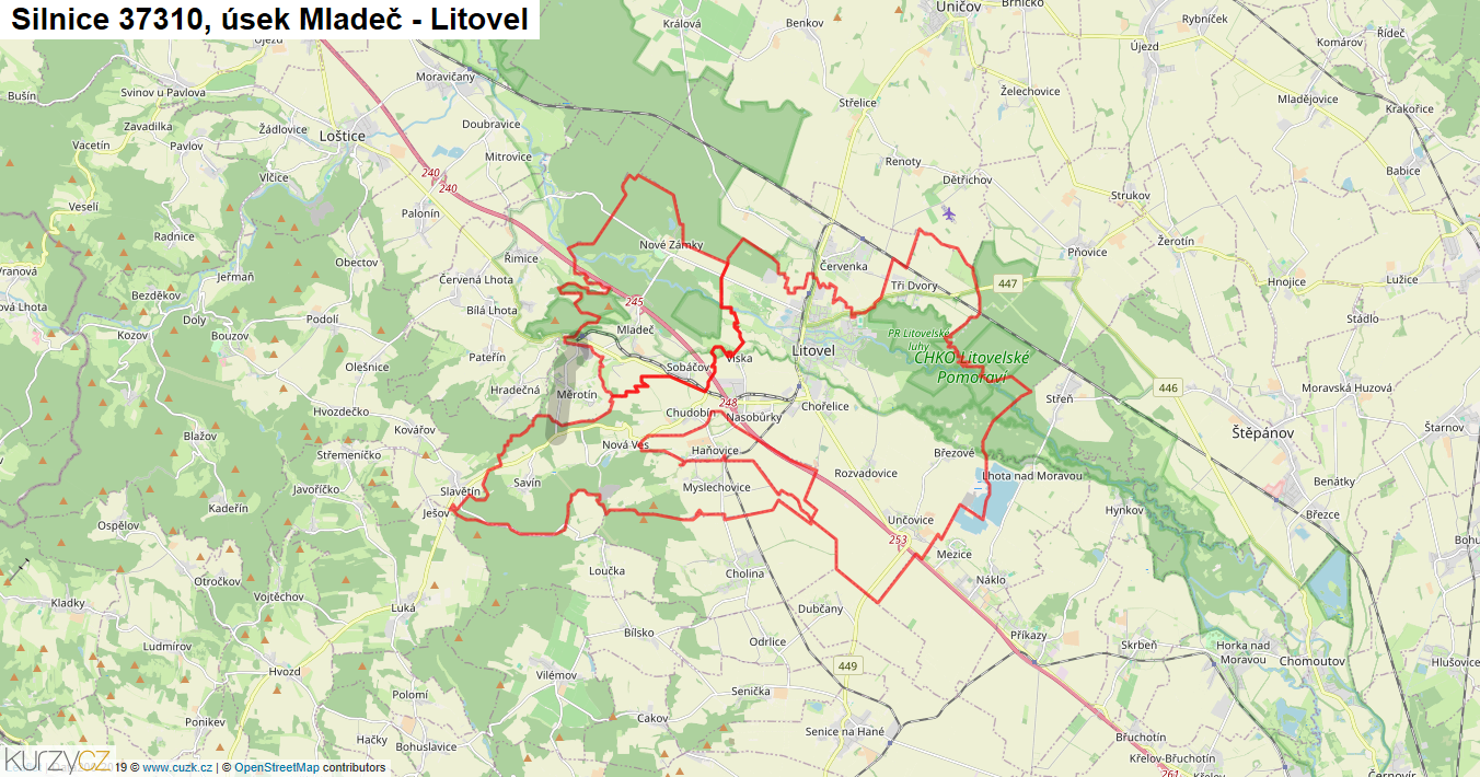 Úsek Mladeč - Litovel, Silnice 37310 - Mapa
