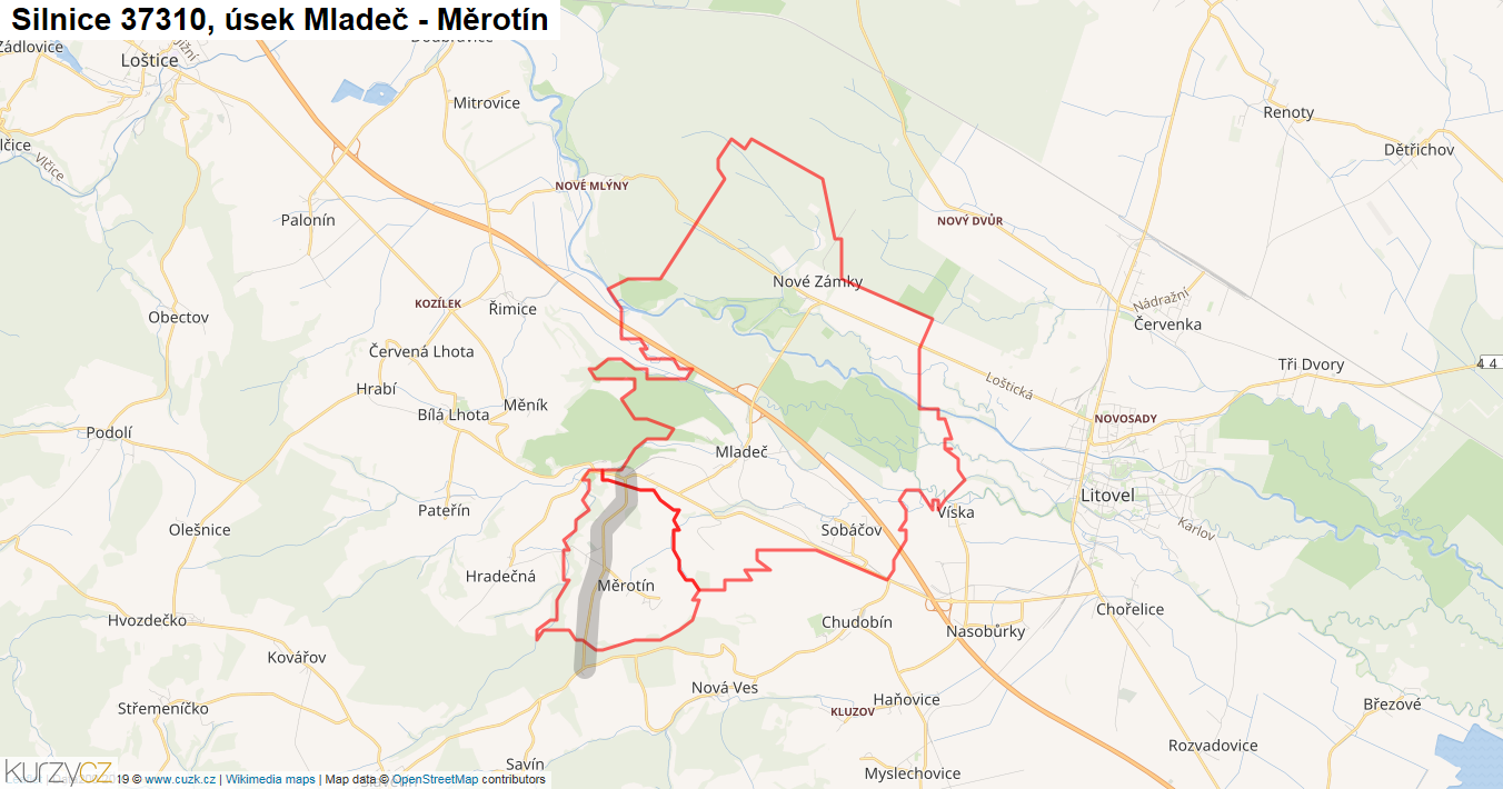 Úsek Mladeč - Měrotín, Silnice 37310 - Mapa