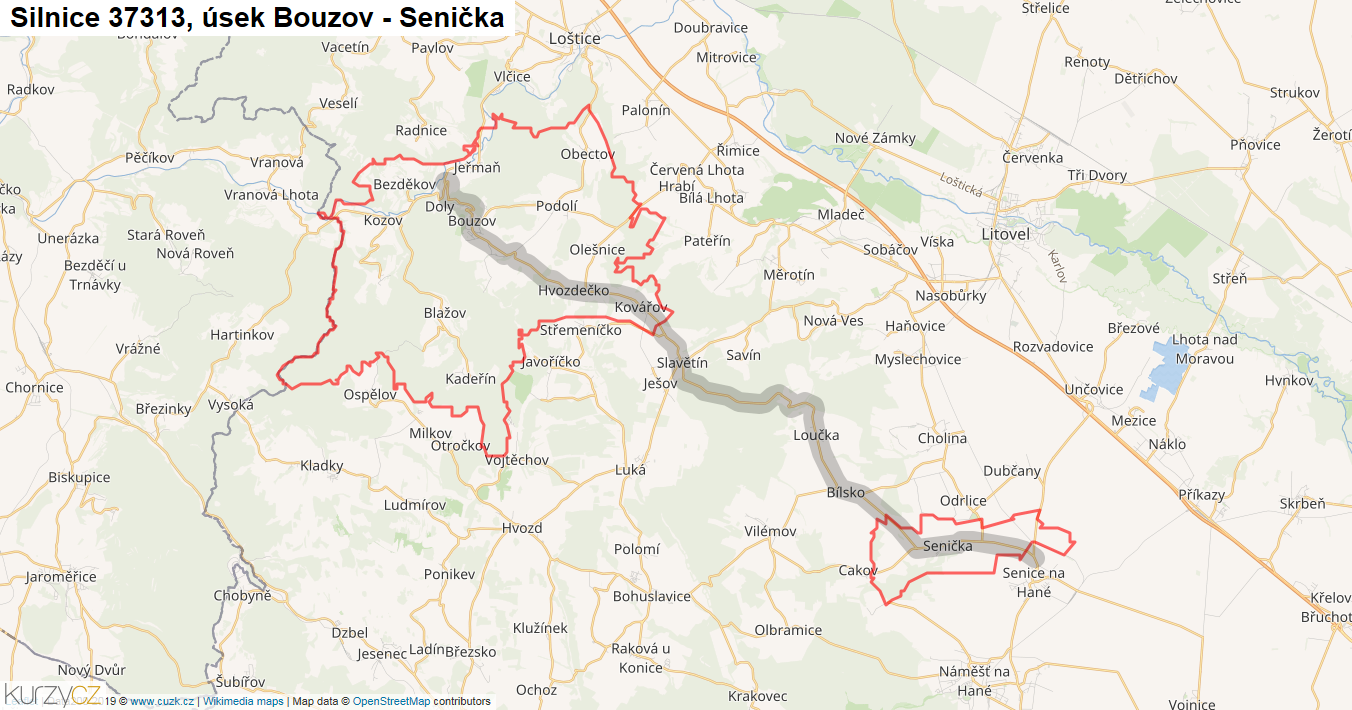 Úsek Bouzov - Senička, Silnice 37313 - Mapa