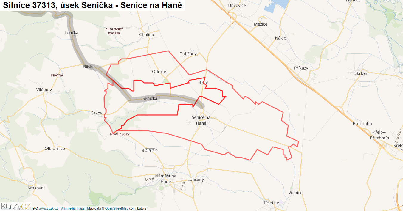 Úsek Senička - Senice na Hané, Silnice 37313 - Mapa