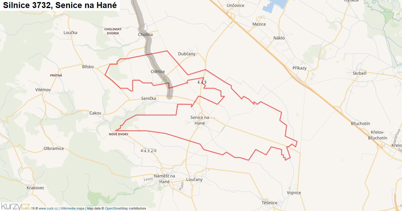 Senice na Hané, Silnice 3732 - Mapa
