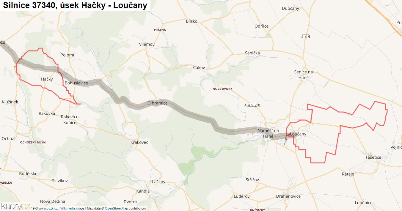Úsek Hačky - Loučany, Silnice 37340 - Mapa