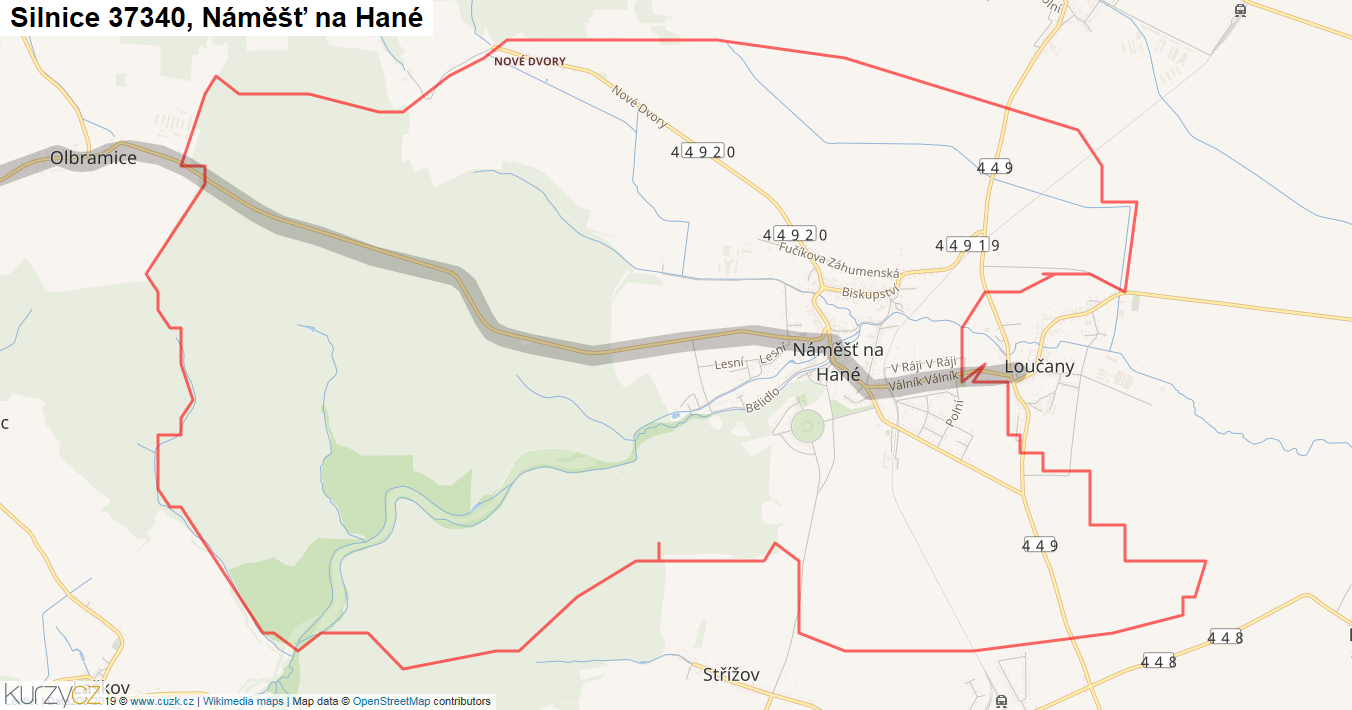 Náměšť na Hané, Silnice 37340 - Mapa