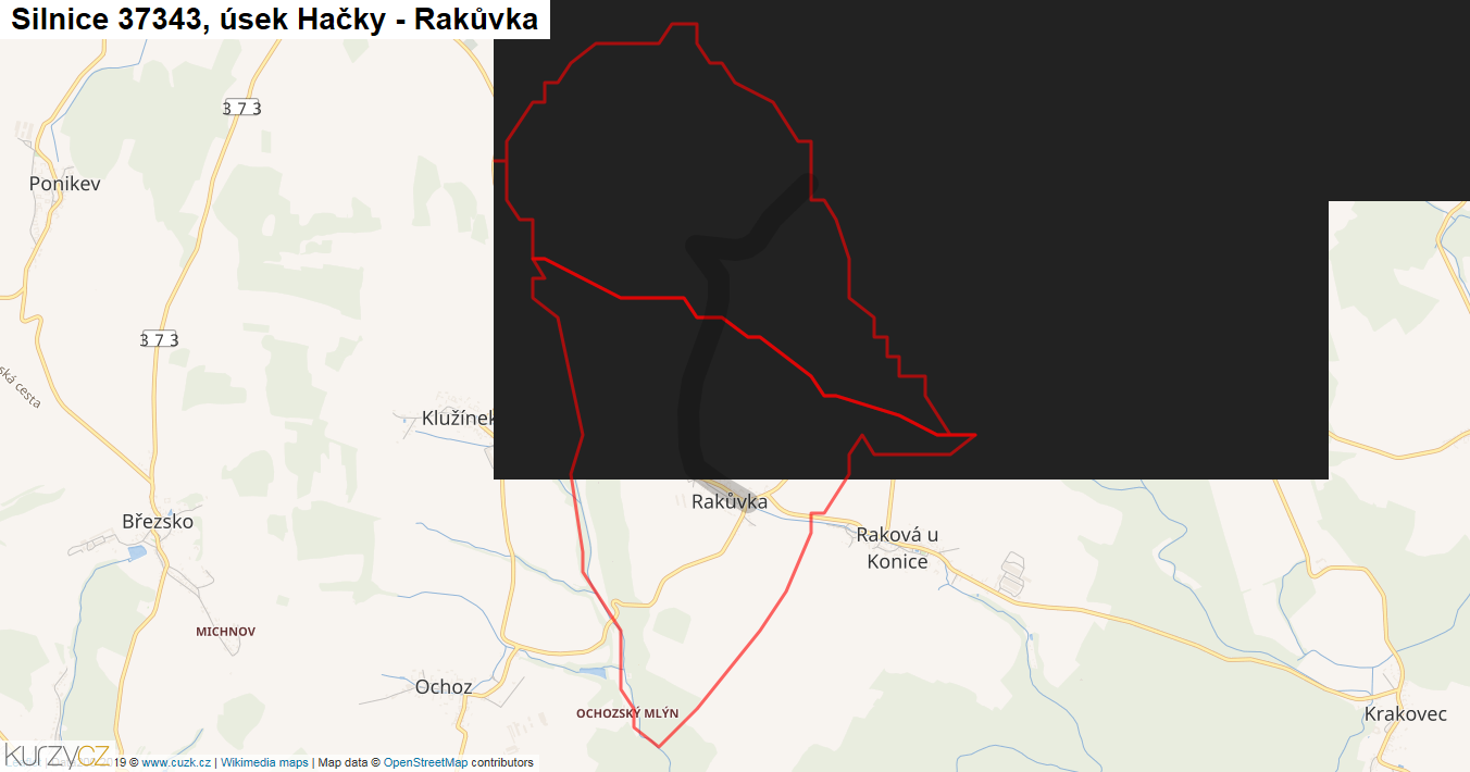 Úsek Hačky - Rakůvka, Silnice 37343 - Mapa