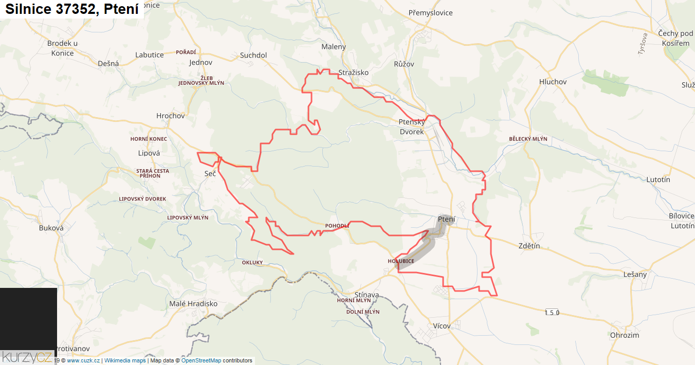 Ptení, Silnice 37352 - Mapa