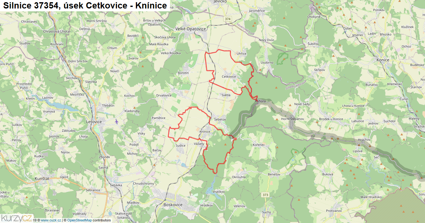 Úsek Cetkovice - Knínice, Silnice 37354 - Mapa