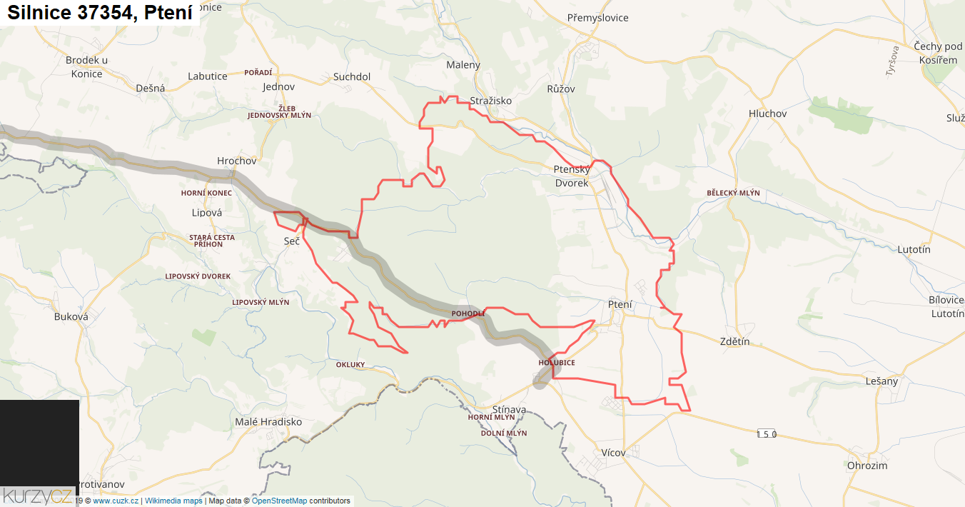 Ptení, Silnice 37354 - Mapa