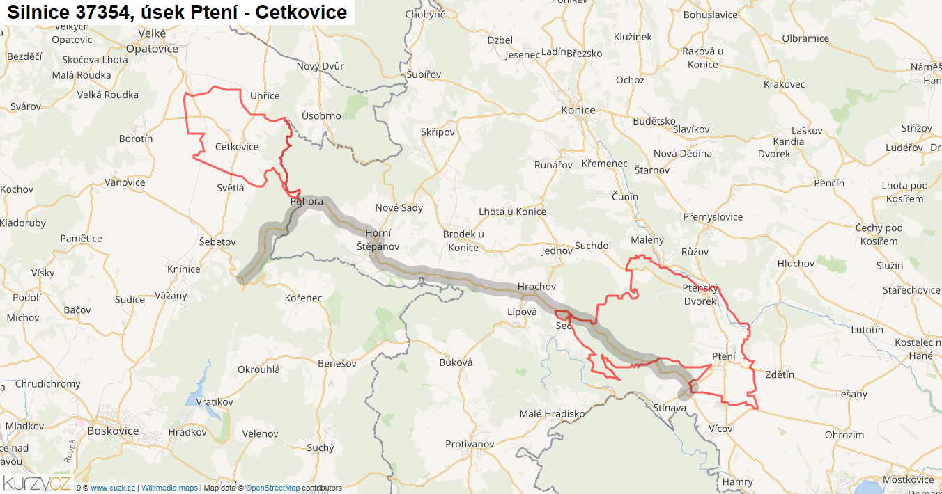 Úsek Ptení - Cetkovice, Silnice 37354 - Mapa