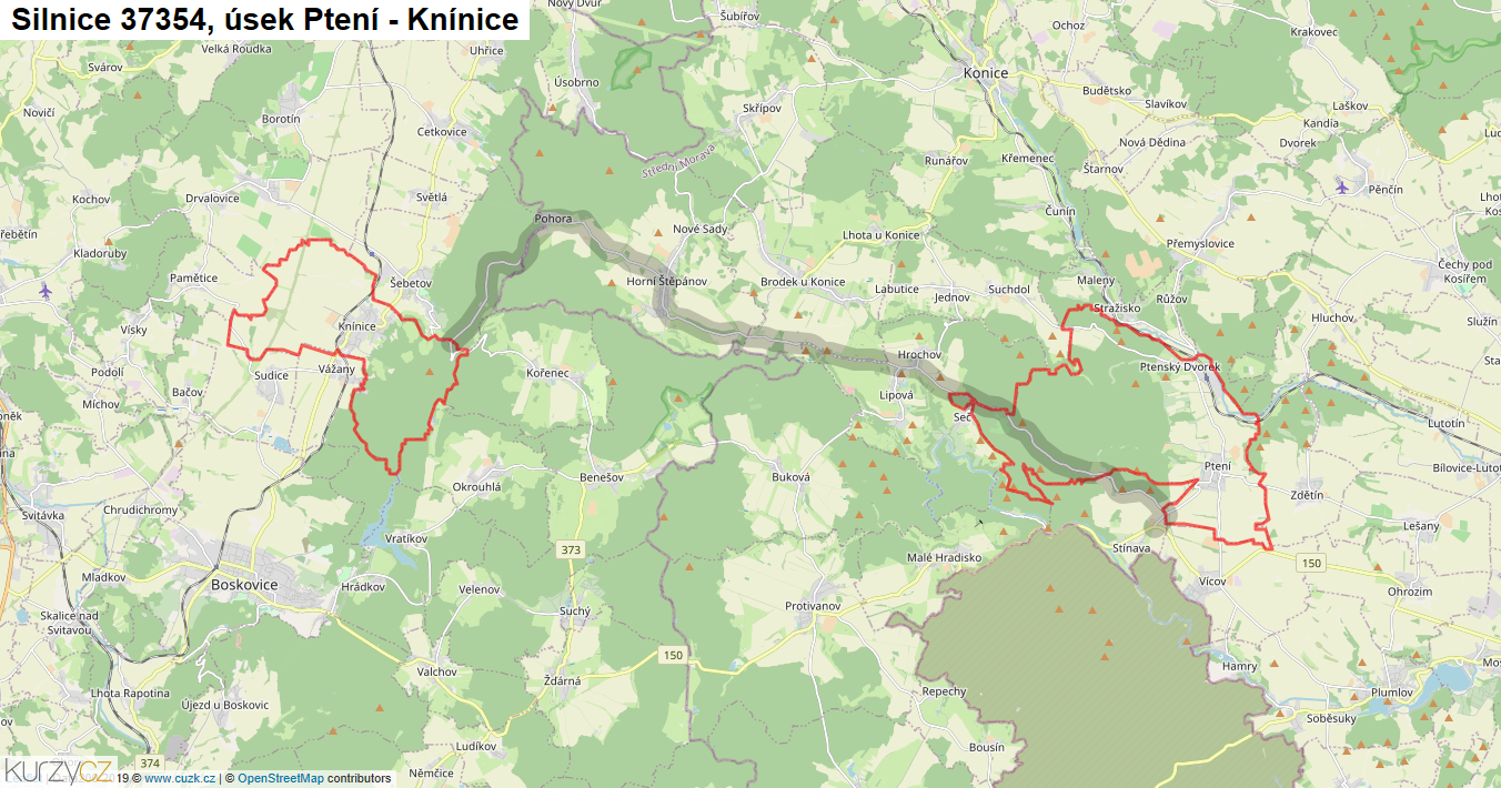 Úsek Ptení - Knínice, Silnice 37354 - Mapa