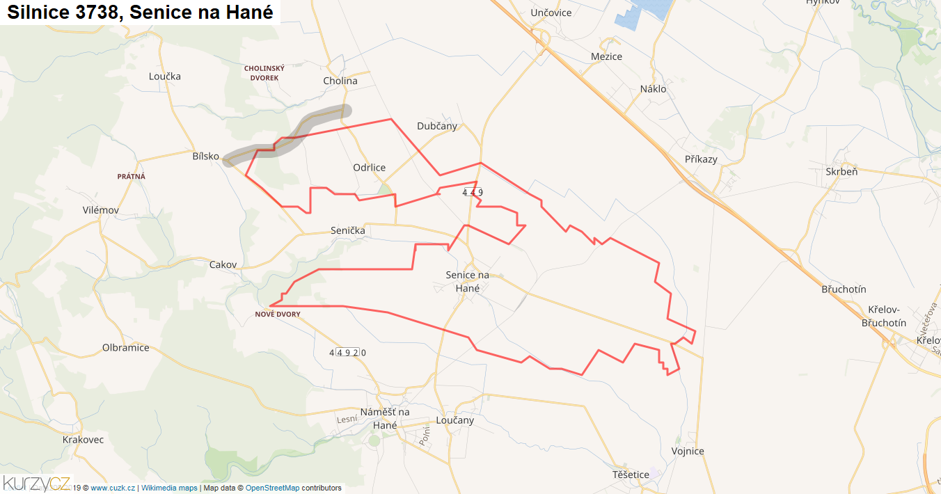Senice na Hané, Silnice 3738 - Mapa